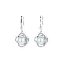 Cubic Zirconia Micro Pave Sterling Silver Earring, 925 Sterling Silver, with Plastic Pearl, platinum color plated, micro pave cubic zirconia & for woman, silver color, 33mm, Sold By Pair
