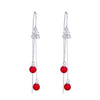 925 Sterling Silver Drop &  Dangle Earrings, with Plastic Pearl, platinum color plated, for woman & with rhinestone, red, 75mm, Sold By Pair