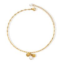 Titanium Steel Anklet with Plastic Pearl with 5cm extender chain Vacuum Ion Plating for woman golden 5mm 5.6mm Length Approx 20 cm Sold By PC