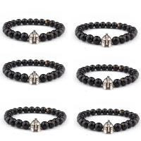 Obsidian Bracelet with Zinc Alloy Mask silver color plated Unisex black 8mm Length 7.5 Inch Sold By PC
