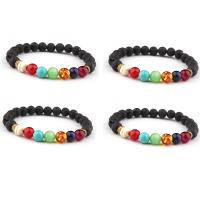 Lava Bracelet, with Gemstone & Tibetan Style, Round, gold color plated, Unisex, mixed colors, 8mm, Length:7.5 Inch, Sold By PC