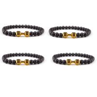 Abrazine Stone Bracelet, with Tibetan Style, Round, gold color plated, elastic & Unisex, black, 8mm, Length:7.5 Inch, Sold By PC