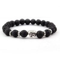 Lava Bracelet, with Tibetan Style, Round, silver color plated, elastic & Unisex, black, 8mm, Length:7.5 Inch, Sold By PC