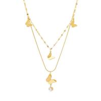 Titanstahl Halskette, mit Verlängerungskettchen von 5cm, Schmetterling, Doppelschicht & Einstellbar & Modeschmuck & für Frau & mit Strass, goldfarben, 6mm,16mm, Länge:37 cm, 43 cm, verkauft von PC