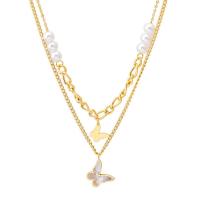 Titanstahl Halskette, mit Weiße Muschel & Kunststoff Perlen, mit Verlängerungskettchen von 5cm, Schmetterling, Doppelschicht & Einstellbar & Modeschmuck & für Frau, goldfarben, 6mm,16mm, Länge:ca. 38 cm, ca. 42 cm, verkauft von PC