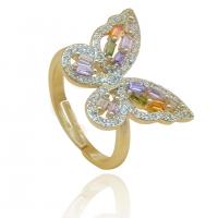 Cubic Zirconia Micro Pave Brass Ring Butterfly gold color plated Adjustable & micro pave cubic zirconia & for woman multi-colored Sold By PC