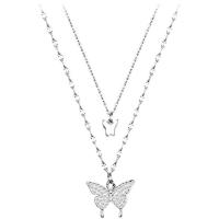 Cubic Zircon Micro Pave 925 Sterling Silver Necklace, Butterfly, platinum plated, Double Layer & micro pave cubic zirconia & for woman, 13x10mm, Length:41 cm, Sold By PC