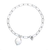 925 Sterling Silver Bracelet, with Freshwater Pearl, platinum color plated, for woman, Length:Approx 8.07 Inch, Sold By PC