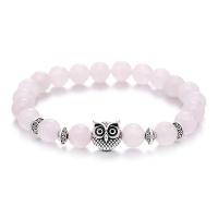 Rose Quartz Bracelet, with Tibetan Style, Owl, silver color plated, elastic & Unisex, pink, 8mm, Length:7.5 Inch, Sold By PC