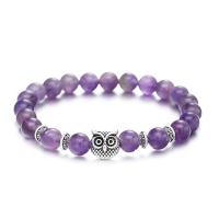 Amethyst Bracelet with Zinc Alloy Owl silver color plated elastic & Unisex purple 8mm Length 7.5 Inch Sold By PC