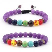 Amethyst Bracelet with Polyester Cord & Gemstone & Zinc Alloy Round gold color plated Unisex mixed colors 8mm Length 7.5 Inch Sold By PC