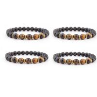 Obsidian Bracelet, with Tiger Eye & Tibetan Style, Round, gold color plated, elastic & Unisex, mixed colors, 8mm, Length:7.5 Inch, Sold By PC
