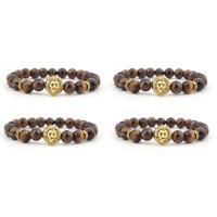 Tiger Eye Bracelet with Zinc Alloy Lion gold color plated elastic & Unisex mixed colors 8mm Length 7.5 Inch Sold By PC