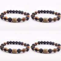 Lava Bracelet with Tiger Eye & Zinc Alloy Buddha gold color plated elastic & Unisex mixed colors 8mm Length 7.5 Inch Sold By PC