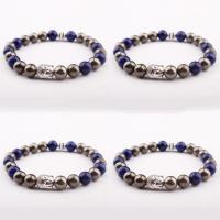 Non Magnetic Hematite Bracelet with Lapis Lazuli & Zinc Alloy Buddha silver color plated elastic & Unisex mixed colors 8mm Length 7.5 Inch Sold By PC