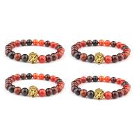 Miracle Agate Bracelet, with Tibetan Style, Lion, gold color plated, elastic & Unisex, mixed colors, 8mm, Length:7.5 Inch, Sold By PC