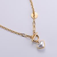 Stainless Steel Jewelry Necklace, 316L Stainless Steel, with Plastic Pearl, with 1.97inch extender chain, Heart, 18K gold plated, fashion jewelry & for woman, golden, Sold Per Approx 18.9 Inch Strand