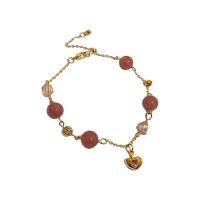 Ορείχαλκος Βραχιόλι, με Strawberry Quartz, Καρδιά, χρώμα επίχρυσο, κοσμήματα μόδας & για τη γυναίκα, χρυσαφένιος, νικέλιο, μόλυβδο και κάδμιο ελεύθεροι, Μήκος 22.4 cm, Sold Με PC