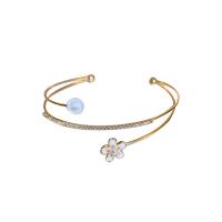 Brass Cuff Bangle, with Plastic Pearl, Flower, real gold plated, fashion jewelry & micro pave cubic zirconia & for woman, golden, nickel, lead & cadmium free, 63x62mm, Sold By PC