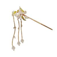 Zinc Alloy Hair Stick with Plastic Pearl & Acrylic Flower gold color plated fashion jewelry & for woman golden nickel lead & cadmium free Sold By PC