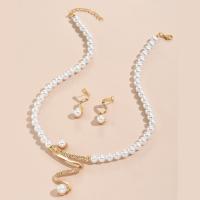 Zinc Alloy Jewelry Set earring & necklace with Plastic Pearl with 1.96 inch extender chain gold color plated 2 pieces & for woman & with rhinestone white 20mm Length Approx 18.89 Inch Sold By Set