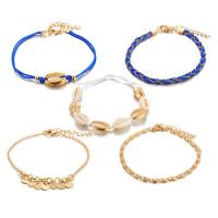 Bracelet de cheville en alliage de zinc, avec corde de cire & coquille, Placage de couleur d'or, 5 pièces & pour femme, bleu, 6cm,18cm,19cm,20cm, Vendu par fixé