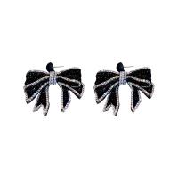 Tibetan Style Stud Earring, with Velveteen, Bowknot, silver color plated, fashion jewelry & for woman & with rhinestone, black, nickel, lead & cadmium free, 55x50mm, Sold By Pair
