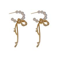Brass Stud Earring with Plastic Pearl Bowknot real gold plated fashion jewelry & micro pave cubic zirconia & for woman golden nickel lead & cadmium free Sold By Pair