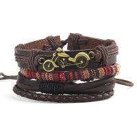 Cowhide Bracelet with Linen & Zinc Alloy with 8-9cm extender chain Motorcycle antique bronze color plated vintage & 4 pieces & Adjustable & fashion jewelry & for man brown Length 17-18 cm Sold By Set
