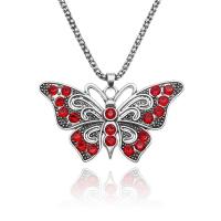 Tibetan Style Sweater Chain Necklace, with Rhinestone, Butterfly, silver color plated, fashion jewelry & lantern chain & for woman, red, 67x38mm, Sold Per 60 cm Strand