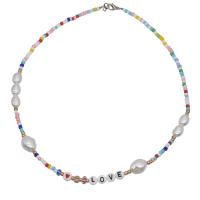 Glass Seed Beads Necklace Seedbead with Glass Pearl & Resin & Zinc Alloy with 1.96inch extender chain Bohemian style & with letter pattern & for woman Length Approx 17 Inch Sold By PC