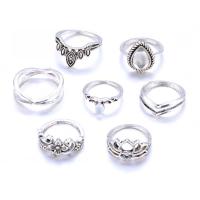 Tibetan Style Ring Set, with Glass Beads, platinum color plated, 7 pieces & for woman, 17mm,16mm,15mm,16.5mm,18mm, Sold By Set