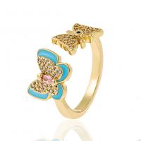 Cubic Zirconia Micro Pave Brass Ring Butterfly gold color plated Adjustable & micro pave cubic zirconia & for woman & enamel Sold By PC