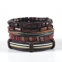 PU Leather Cord Bracelets, with Polyester Cord & Wood, 4 pieces & fashion jewelry & Unisex & different styles for choice, more colors for choice, Length:Approx 17-18 cm, Sold By Set