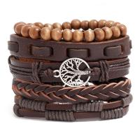 PU Leather Cord Bracelets with Wax Cord & Wood & Zinc Alloy 5 pieces & fashion jewelry & Unisex Sold By Set