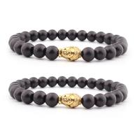 Gemstone Bracelets Abrazine Stone with Zinc Alloy Buddha gold color plated elastic & Unisex black 8mm Length 7.5 Inch Sold By PC