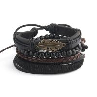 Cowhide Bracelet, with Wood & Tibetan Style, with 8-9cm extender chain, Leaf, antique bronze color plated, 4 pieces & Adjustable & fashion jewelry & for man, black, Length:17-18 cm, Sold By Set