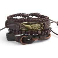 Cowhide Bracelet Set with Wood & Zinc Alloy with 8-9cm extender chain Wing Shape antique bronze color plated 4 pieces & Adjustable & fashion jewelry & for man brown Length 17-18 cm Sold By Set