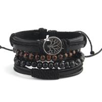 Cowhide Bracelet Set, with PU Leather & Wood & Tibetan Style, with 8-9cm extender chain, Tree, silver color plated, 4 pieces & Adjustable & fashion jewelry & for man, black, Length:17-18 cm, Sold By Set