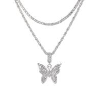Tibetan Style Jewelry Necklace, Butterfly, plated, Double Layer & fashion jewelry & Unisex & with rhinestone, more colors for choice, nickel, lead & cadmium free, 25x30mm, Length:20 Inch, 24 Inch, Sold By PC