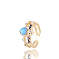 Cubique anneau en laiton Circonia Micro Pave, Placage de couleur d'or, Double couche & Réglable & pavé de micro zircon & pour femme, bleu, 22mm, Vendu par PC