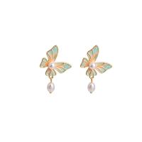 Zinc Alloy Drop Earrings with Plastic Pearl Butterfly gold color plated fashion jewelry & for woman nickel lead & cadmium free Sold By Pair