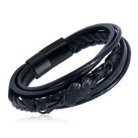 PU Leather Cord Bracelets with Cowhide & Wax Cord & 304 Stainless Steel & Zinc Alloy fashion jewelry & Unisex black Sold By PC