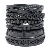 PU Leather Cord Bracelets, with Linen & Cowhide & Wax Cord, 6 pieces & fashion jewelry & Unisex, black, 155x97mm, Sold By Set