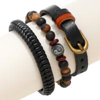 Cowhide Bracelet with PU Leather & Wax Cord & Wood & Zinc Alloy antique gold color plated three pieces & fashion jewelry & Unisex multi-colored Sold By Set