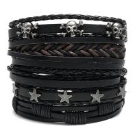 PU Leather Cord Bracelets, with Cowhide & Wax Cord & Tibetan Style, plated, 5 pieces & fashion jewelry & Unisex, black, 135x97mm, Sold By Set