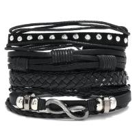 PU Leather Cord Bracelets, with Cowhide & Wax Cord & Copper Coated Plastic & Tibetan Style, polished, 4 pieces & fashion jewelry & Unisex, black, 79x97mm, Sold By Set