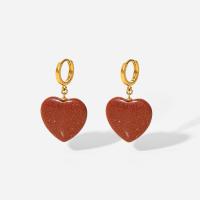 Huggie Hoop Drop Earring, 304 Stainless Steel, with Goldstone, Heart, 18K gold plated, fashion jewelry & for woman, red, 20.10x36mm, Sold By Pair