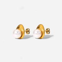 Stainless Steel Stud Earrings, 304 Stainless Steel, with Plastic Pearl, Round, Vacuum Ion Plating, fashion jewelry & for woman, golden, 14x16mm, Sold By Pair