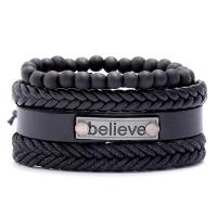 Cowhide Bracelet with PU Leather & Wax Cord & Wood & Zinc Alloy 4 pieces & fashion jewelry & Unisex black Sold By Set